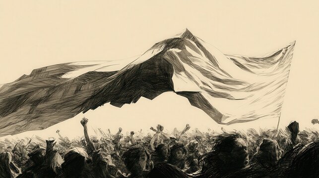 A dramatic ink sketch of a large crowd waving a massive flag during a historical revolution. Ideal for political, history, or social justice concepts.