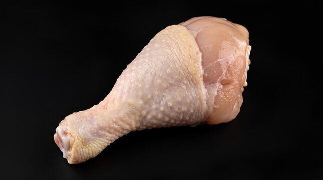 Raw chicken drumstick isolated on a solid black background.