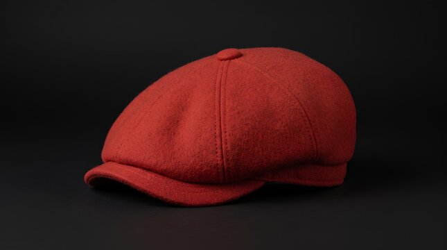 Red wool flat cap on black background.