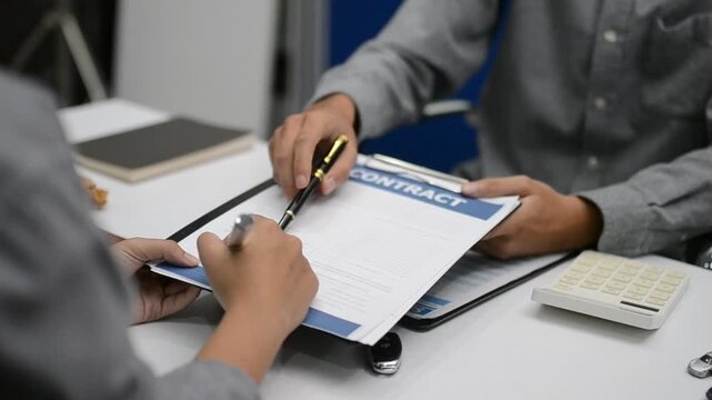 Woman signing auto insurance contract with agent after car crash claim. Trustworthy vehicle protection, policy coverage, and financial deal.