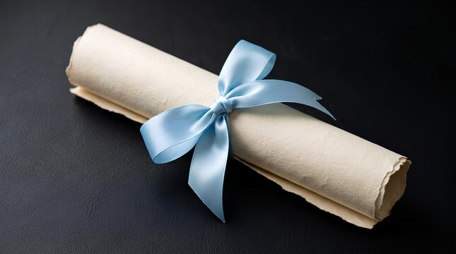Vintage parchment scroll tied with blue ribbon.
