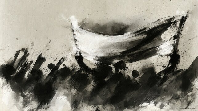 Abstract ink painting of a crowd holding a large blank white banner. Ideal for social movement and protest concept designs.