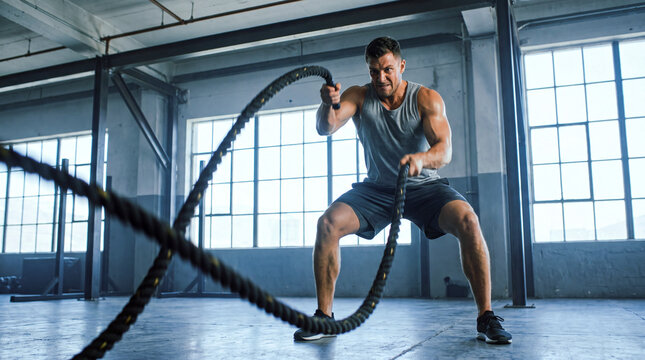 Muscular male athlete doing intense battle rope exercise during crossfit workout in an industrial gym.