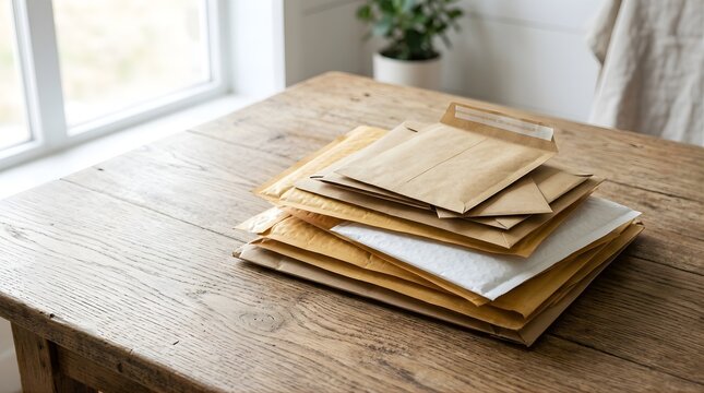 Stack of paper mail envelopes resting on a rustic wooden table indoors