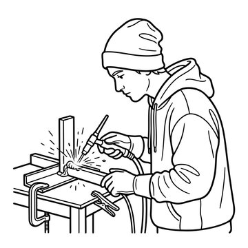 Person welding metal parts on a workbench.