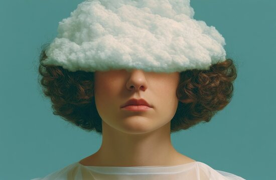 Person with curly hair wearing a white cloud covering their eyes against a teal