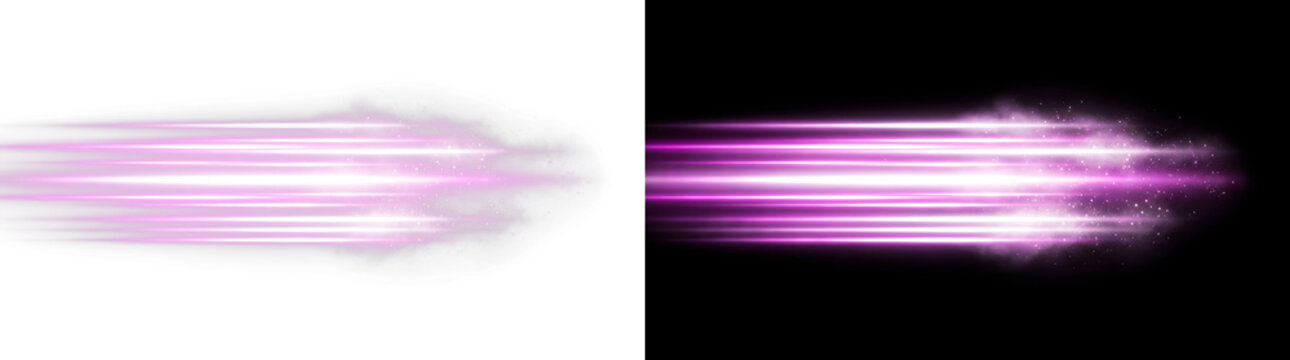 Glowing violet light streaks with particle effects creating dynamic motion blur lines isolated and presented directly on transparent background