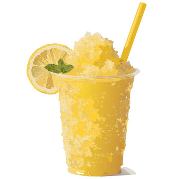 Fresh lemon slushie in a plastic cup with a straw and mint garnish vector on transparent Background. lemonade slush cocktail vector illustration on transparent background.