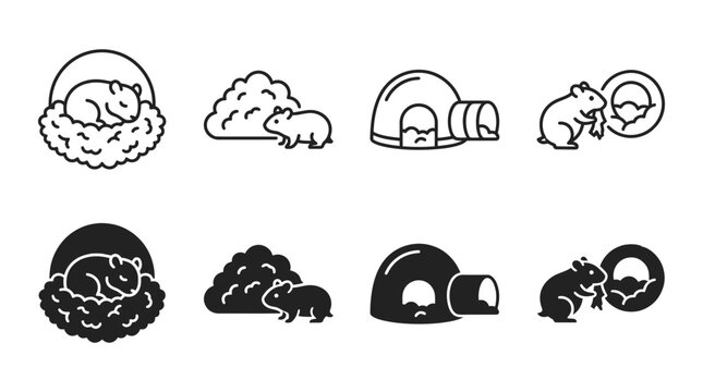 Hamster habitats and sleeping nest line art vector icons with sleeping cleaning grooming silhouette collection