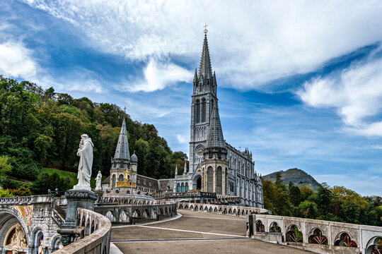 View of the Basilica in the Sanctuary of Lourdes, France. Mayor pilgrimage spot for Catholics