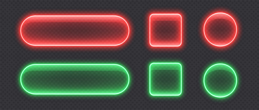 Glossy neon buttons, transparent banners made from glass, red and green glowing frames. Futuristic design element. Vector illustration.