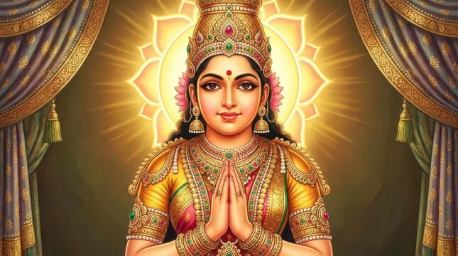 Traditional Indian deity portrait with hands in prayer gesture
