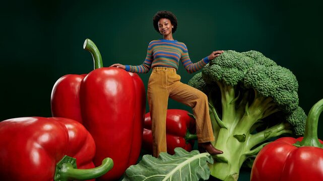 Woman posing with oversized red bell peppers and broccoli florets