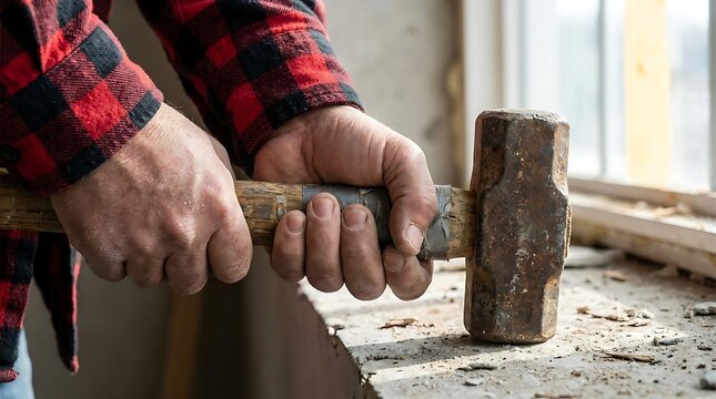A construction worker holding a heavy metal hammer for demolition work inside a dusty room during a home renovation