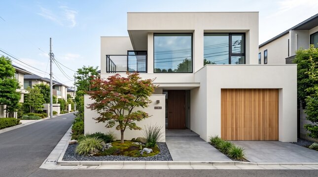 広いガレージと青空を備えたモダンな2階建てデザイナーズ住宅