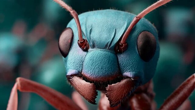 Extreme close-up of a vibrant blue ant's head and antennae