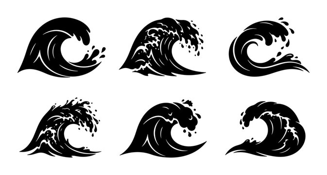 Dynamic Black Wave Illustrations, Set of 6 Vector Icons: Ocean Swells, Sea Surges, Water Splashes for Coastal Designs, Nautical Themes, and Marine Art