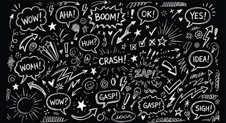 Hand drawn comic doodle set, white chalk speech bubbles and arrows on black background, pop art explosion and expression vector icons © Angel
