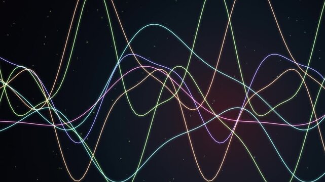Abstract neon light waves forming colorful glowing sine curves on a dark textured digital background