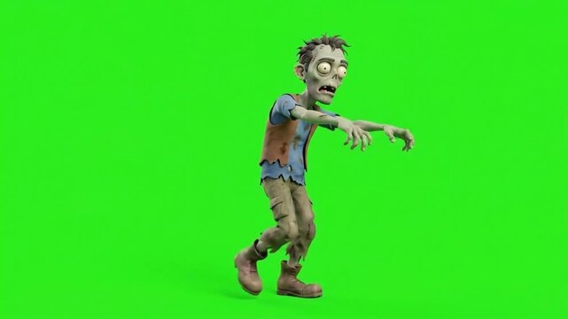Animated 3D zombie character walking on a green screen background