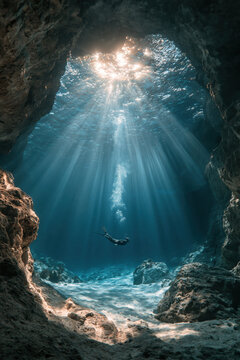 Diver explores underwater cave with sunlight shining through water from the surface