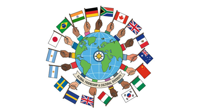 Diverse Hands Hold Flags Around Globe, Unity Symbol