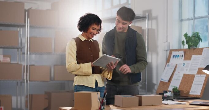 Scanner, tablet and people with boxes for supply chain, distribution and shipping label. Meeting, office and workers on tech for inventory checklist with logistics, barcode info and delivery receipt