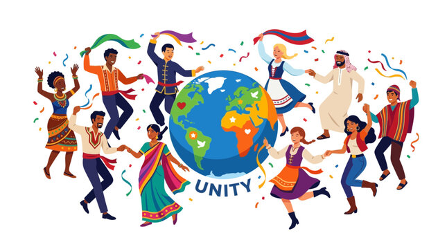Diverse People Dancing Around Earth Globe, Celebrating Unity