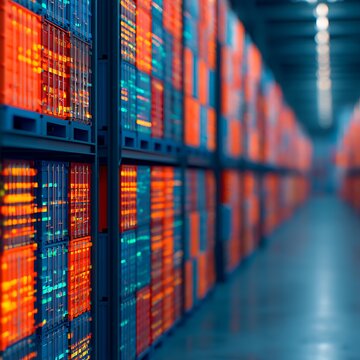 Rows of brightly lit server racks in a data center, showcasing advanced technology and digital infrastructure.