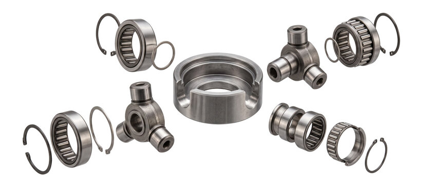 Automotive drive shaft bearing components disassembled on black background for car repair service. Metal mechanical spare parts including needle bearings, universal joint spider, and retaining rings.