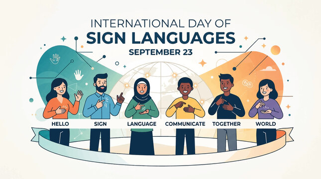 International Day of Sign Languages vector illustration, global diversity graphic, September 23 awareness poster, multiracial people communicating together