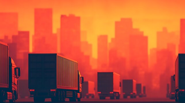 A digital illustration of trucks driving towards a city skyline during a vibrant orange sunset.