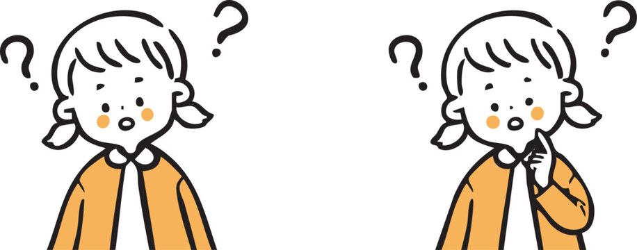 疑問を持つ女の子のイラストセット　上半身　ベクター（オレンジ）