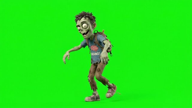 Cartoon zombie boy walking on a green screen background