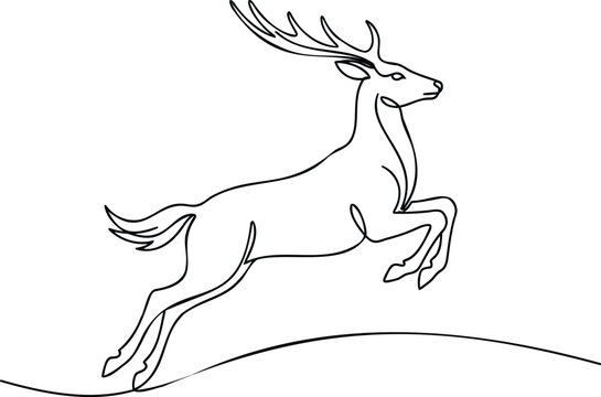 Black and white of a leaping deer silhouette against a plain background, jumping deer outline, line animal silhouette