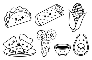 子供向けのかわいいカワイイ系メキシコ料理の塗り絵