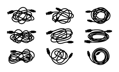 Obraz premium Tangled Cables Vector Icons Set, Messy Wires Silhouette Collection, Electronic Cord Clutter Graphics, Connectivity Problems Illustration