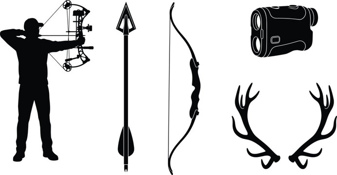 Set of black archery and hunting silhouettes including archer bow arrow and deer antlers vector illustration