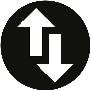 White opposite vertical transfer arrows icon inside a dark circle on transparent background