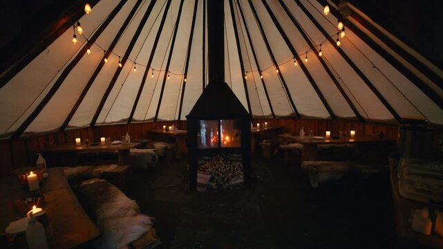 Cozy interior of traditional Sami lavvu with fireplace in Arctic Norway