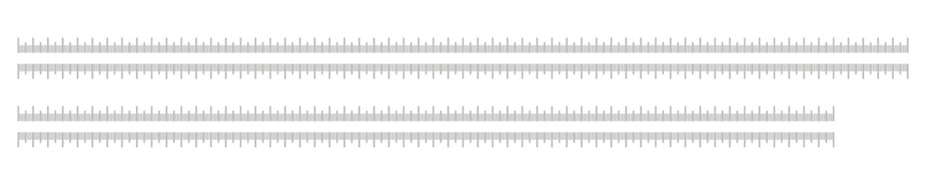 Measuring flat charts layouts 55, 60 centimeters collection. Ruler scales fifty five, sixty cm. Length measurement math, distance, height, sewing tool black templates set.