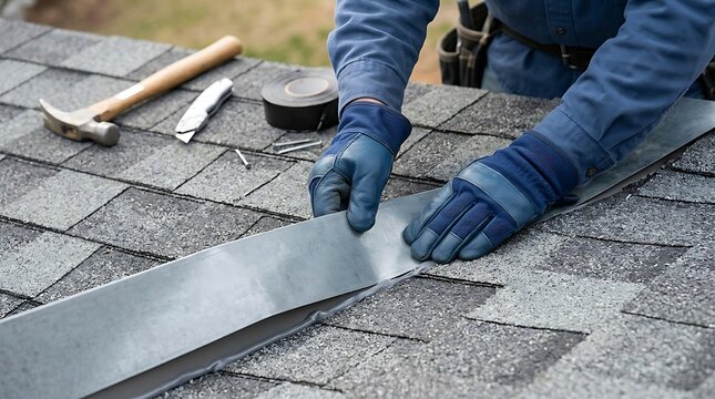 Professional roofer installing new black shingles on a house roof using a hammer and metal flashing for home repair
