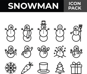 Fototapeta premium Collection of snowman line icons featuring winter holiday elements and symbols