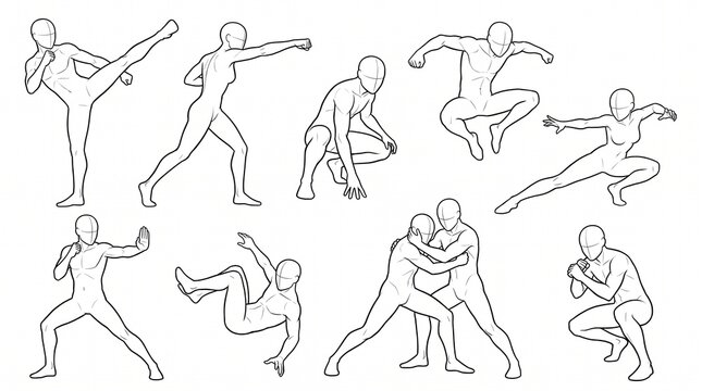 Action Pose Reference Sheet with Martial Arts and Combat Human Figure Bases