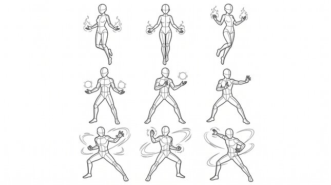 Manga Action Poses Reference Set for Drawing Magic and Elemental Characters