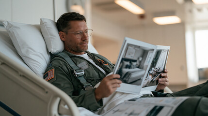 Obraz premium A helicopter pilot lying back on a hospital bed in full flight suit reviewing a serene bedroom sleep sanctuary design catalog, the solitary figure surrounded by aviation charts