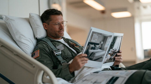 A helicopter pilot lying back on a hospital bed in full flight suit reviewing a serene bedroom sleep sanctuary design catalog, the solitary figure surrounded by aviation charts