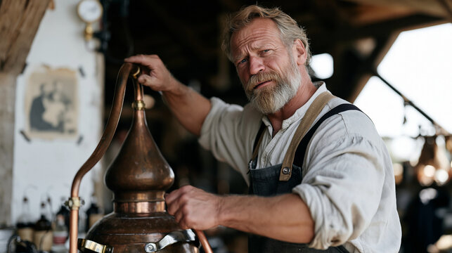 Essential oil distiller stirs a copper alembic in a rain soaked barn doorway, pausing to look at a faded family photograph pinned to the wall beside the still, the before and