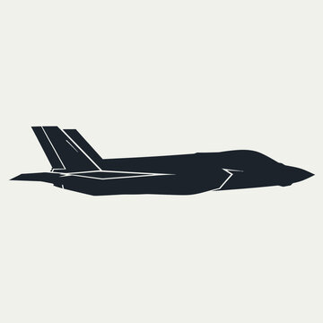 Modern stealth aircraft silhouette in minimalist black with monochromatic black white vector style against neutral background depicted clean monochromatic