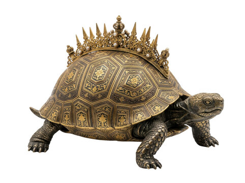 Ornate bronze turtle figurine featuring a detailed shell with engraved patterns and a decorative crown with pearls on a black background isolated on a transparent background